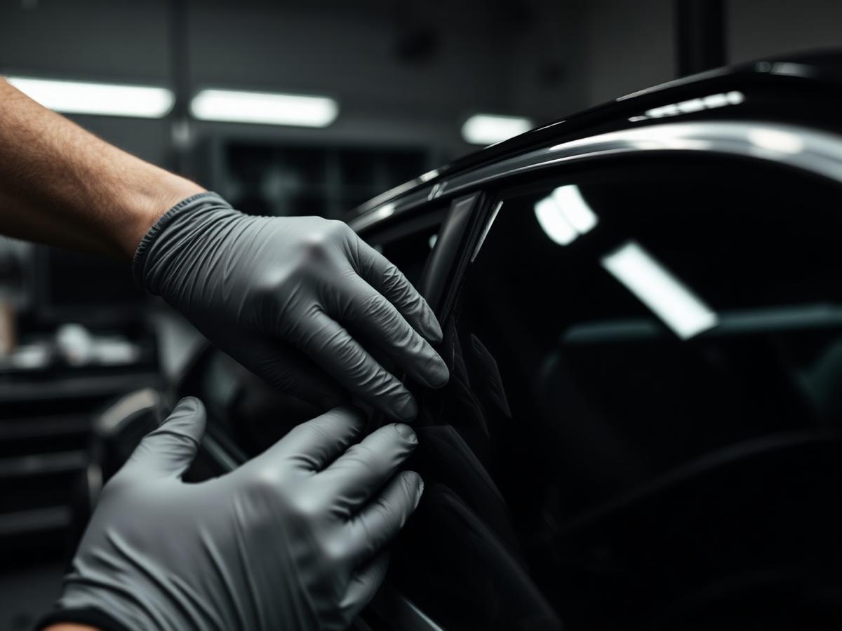 Technician carefully installing tint film on a vehicle window